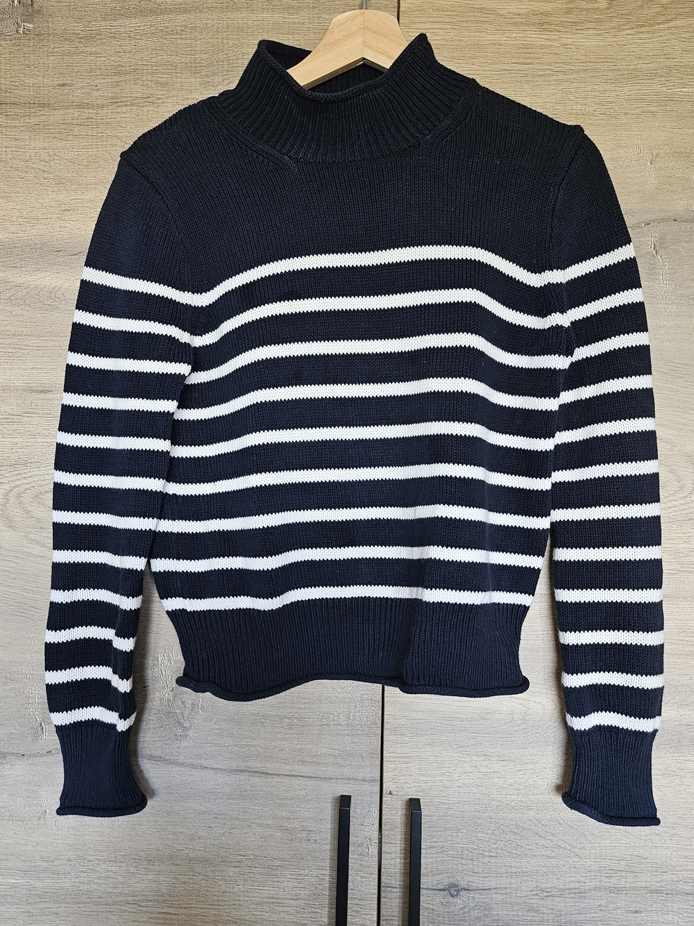 J. Crew Navy and White Striped Mock Neck Cotton Sweater